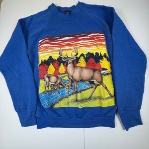 Vintage Screen Stars Deer Landscape Sweatshirt Blue Graphic Crewneck Made USA M